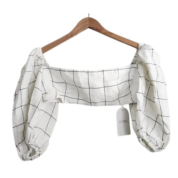 NWT Rumer Quinn Plaid 3/4 Puff Sleeves Linen Crop Top Back Clasp Closure M Ivory - Picture 2 of 15